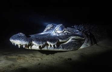 Majestic Alligator Gar Swimming Gracefully in Dark Waters with Detailed Features and Intricate Textures Captured in Striking Underwater Photography