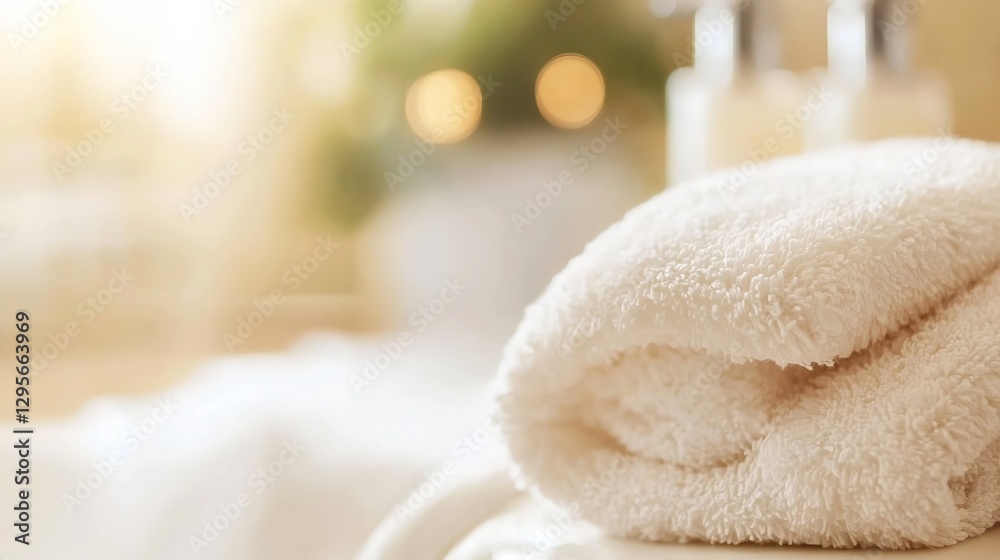 Poster luxurious rolled white towels placed elegantly in a serene bathroom setting with soft lighting : gen