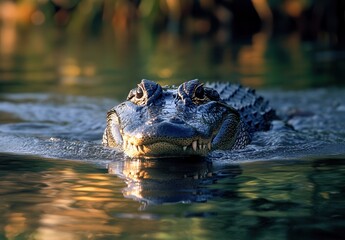 Obraz premium Majestic Alligator Gliding Through Calm Waters Surrounded by Lush Greenery Under Soft Golden Light in a Serene Natural Habitat