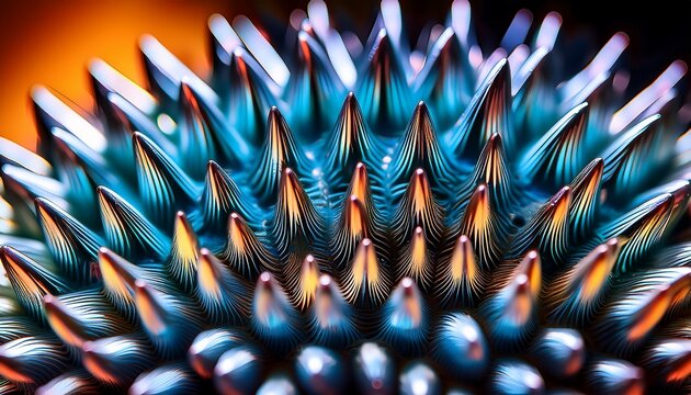 A macro view of magnetic ferrofluid reacting to an unseen force, forming alien-like spikes and fluid shapes, showcasing its dynamic, otherworldly movement.