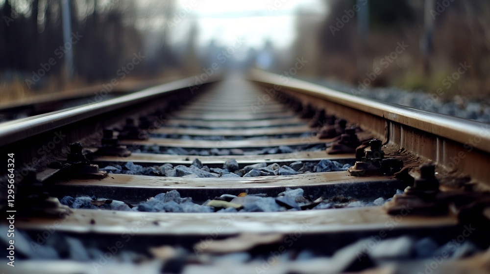 Aufkleber Close up view of railway tracks leading into the distance with a blurred background : Generative AI