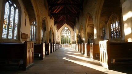 Fototapeta premium Sunlit Interior of a Historic Church with Stained Glass Windows : Generative AI