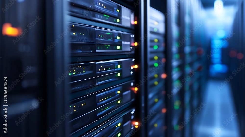Poster High-tech server room filled with glowing LED lights and advanced data storage systems : Generative AI