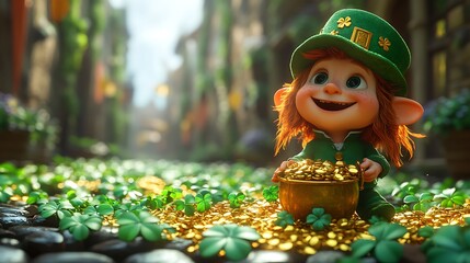Whimsical Leprechaun in Green Hat Sits on Cobblestones Surrounded by Pots of Gold and Clovers in a Sunlit Alley
