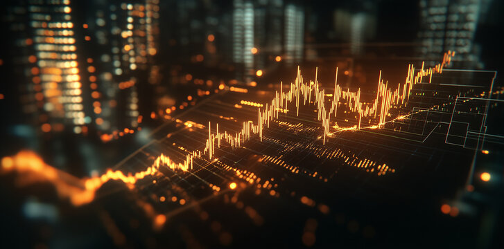 Dynamic Stock Market Graph Overlay on Cityscape at Night Financial Data Visualization