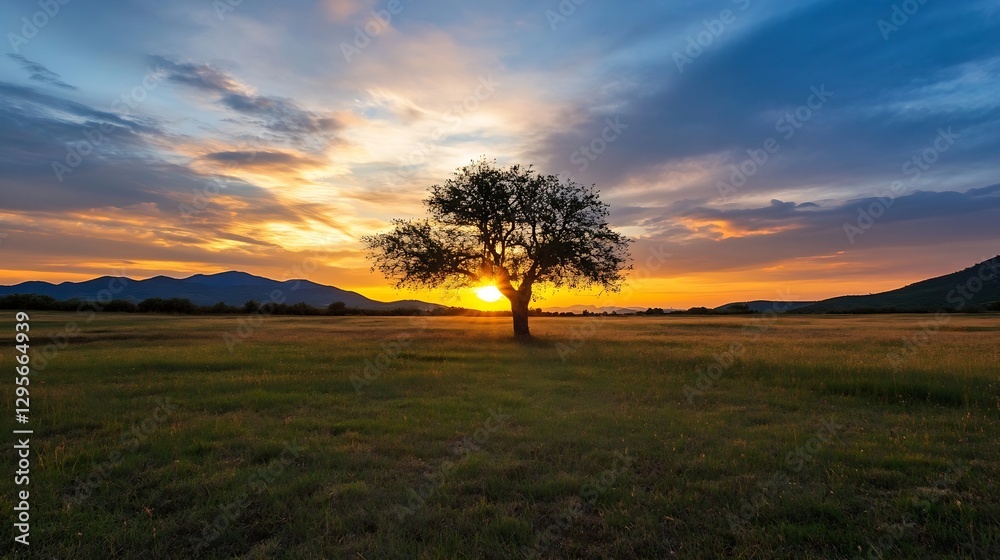 Poster stunning sunset scenic landscape with a solitary tree and majestic mountains creating a dramatic twi
