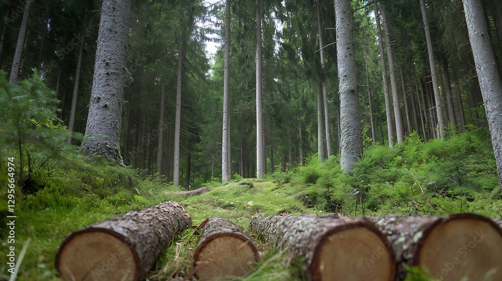 Poster tranquil forest scene with freshly cut logs highlighting the importance of conservation : generative