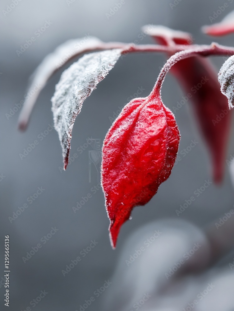 Poster Vibrantly colored red leaf dusted with frost against a blurred background capturing the essence of autumn : Generative AI