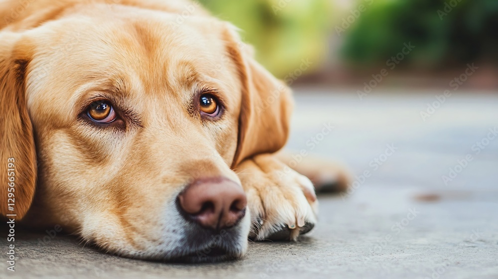 Poster Adorable golden retriever dog resting with a thoughtful expression on a sunny day : Generative AI