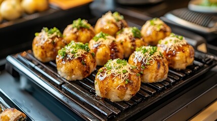 Fototapeta premium Close up of Takoyaki balls on a black tray. Takoyaki is a ball shaped Japanese snack made of a wheat flour based batter and cooked in a special molded pan.