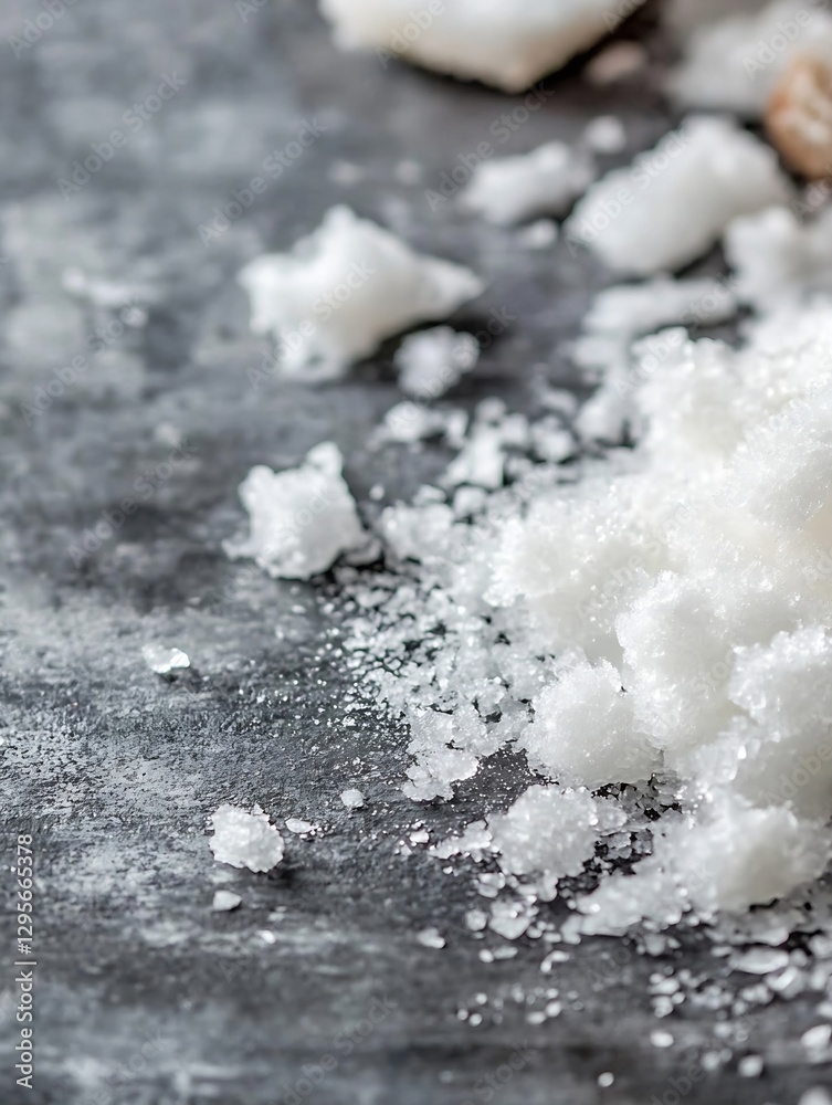 Poster Scattered white sugar crystals on a rustic dark surface creating a striking contrast : Generative AI