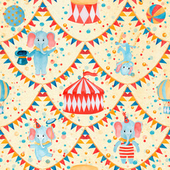 Seamless pattern watercolor hand drawn cartoon elephants: illusionist, strongman, gymnastics, juggler and balloon, circus podium, tent, garlands on yellow background. For childish fabric, wallpaper © Tatiana