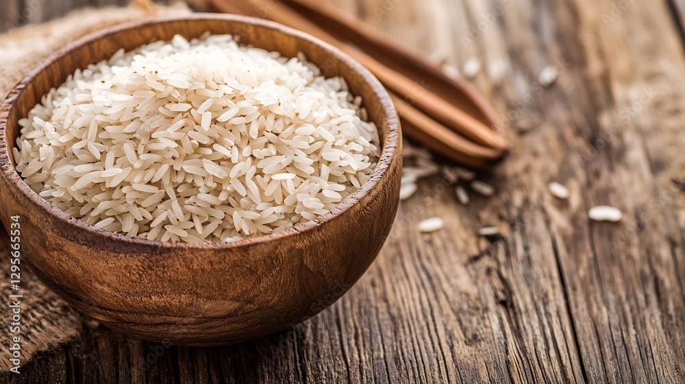 Poster fresh white rice in a wooden bowl on rustic table with a natural background : generative ai