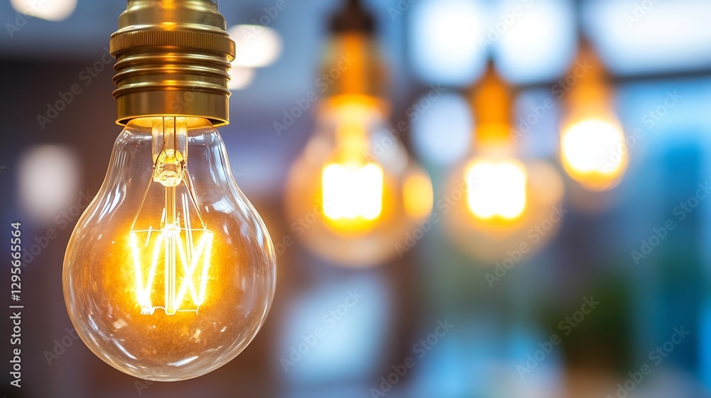 Poster bright light bulbs hanging with warm glow in a modern setup : generative ai