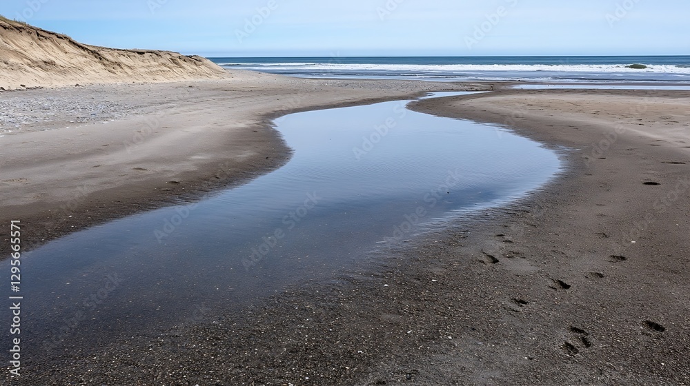 Poster peaceful beach landscape with a gentle stream flowing through sandy shoreline : generative ai