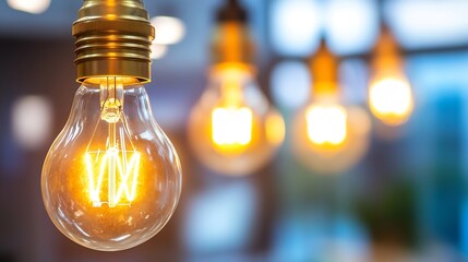 Bright Light Bulbs Hanging with Warm Glow in a Modern Setup : Generative AI