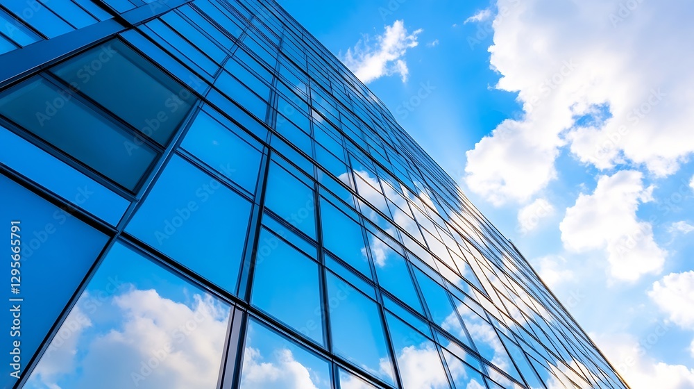 Poster modern office building reflection in a clear blue sky with fluffy clouds : generative ai