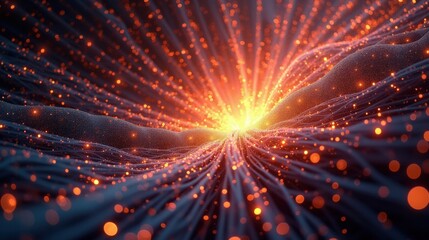 Naklejka premium A mesmerizing tapestry of vibrational fractal strings, interwoven filaments of glowing light resonating in harmony, infinite dimensions folding into each other, superstring theory.