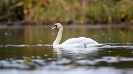 Elegant White Swan Swimming Gracefully In Still Water Peaceful Nature Scene : Generative AI