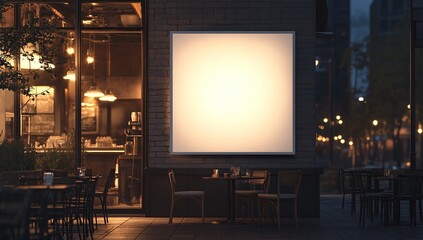 Blank Illuminated Sign On Brick Wall At Night Cafe