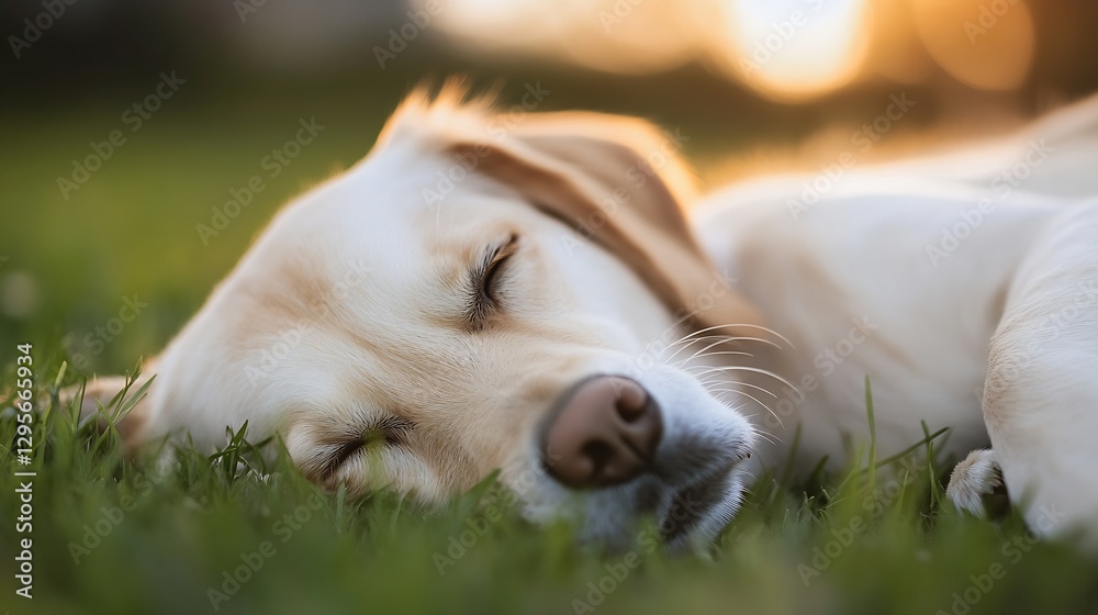 Poster resting golden retriever dog napping peacefully on grass in natural setting capturing pet moments : 