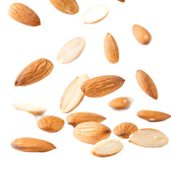 Obraz premium Scattered Almond Slices with Light Floating Motion. Perfect for: Baking Advertisements, Health Campaigns, Nut-Based Recipes