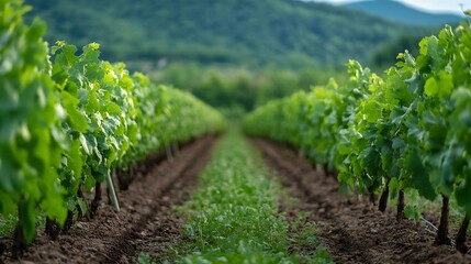 Naklejka premium Lush Green Vineyards Stretching into the Distance with Mountains Under a Clear Sky : Generative AI