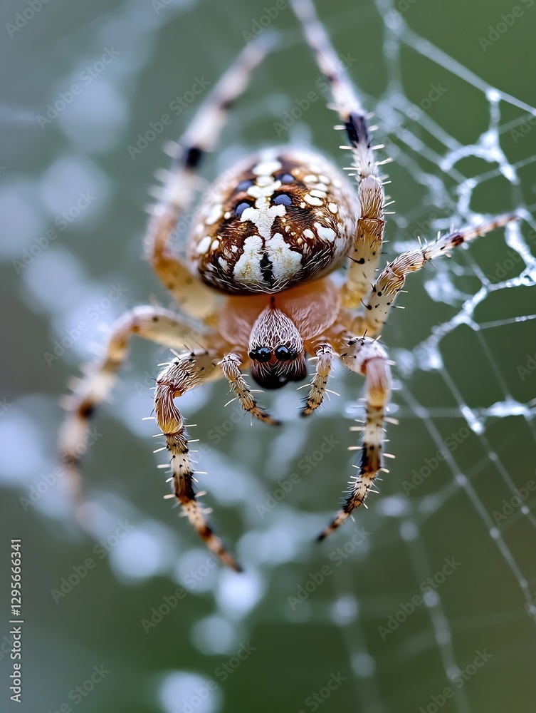 Poster Detailed close up of a vibrant spider weaving a delicate web highlighting intricate patterns in nature : Generative AI
