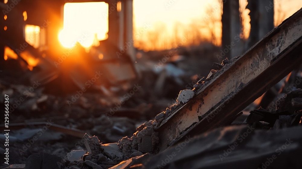 Poster dramatic sunset illuminating the wreckage of an abandoned building creating a haunting atmosphere of