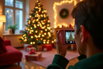 Christmas Photography Moment. Person capturing decorated Christmas tree and festive room interior with instant camera in warm holiday lighting.