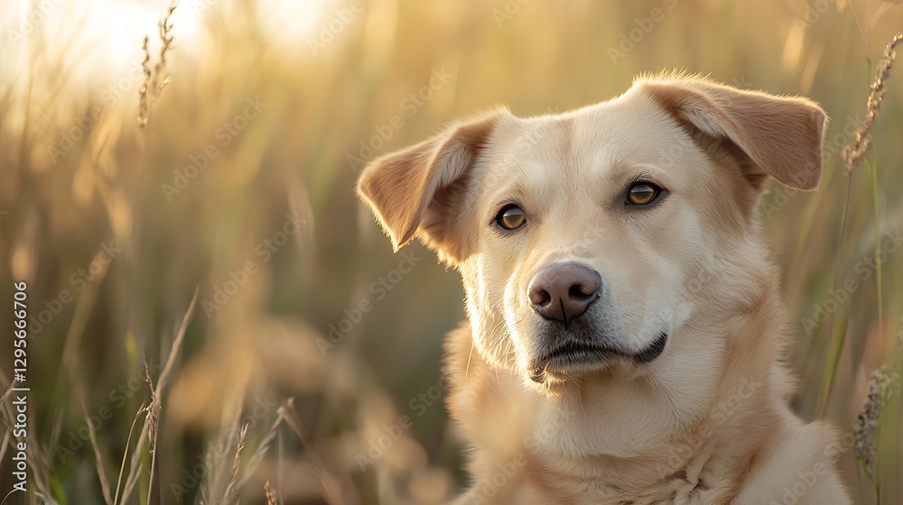 Poster beautiful loyal dog with expressive eyes resting in a sunlit grassy field during golden hour : gener
