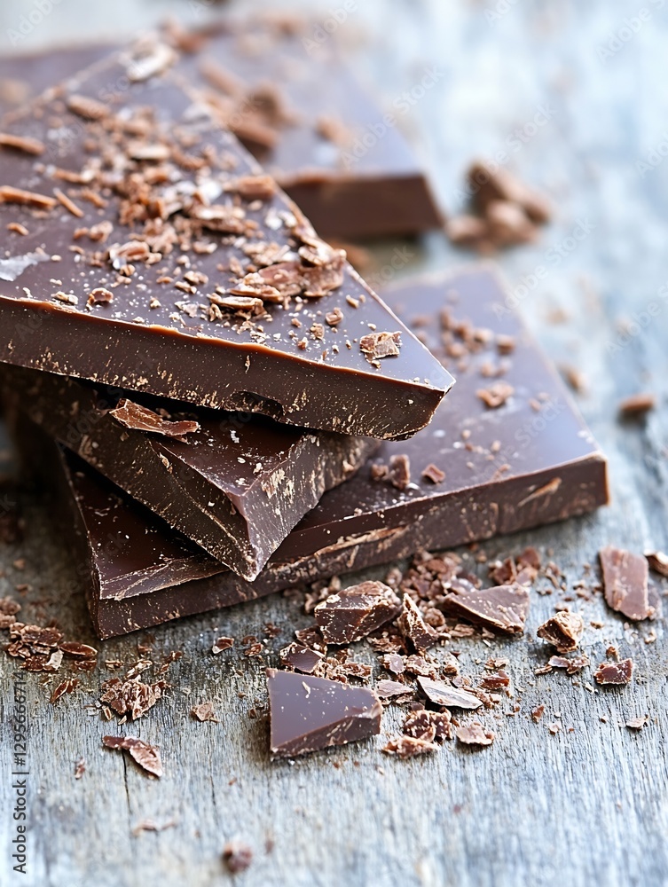 Poster delicious dark chocolate pieces piled on wooden surface showcasing rich cocoa texture and shavings :
