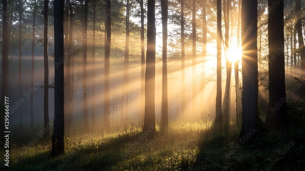 Poster Serene sunlight filtering through tall trees creating a misty forest atmosphere in the woods : Generative AI