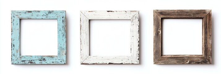 Three distressed wooden picture frames on white background (1)
