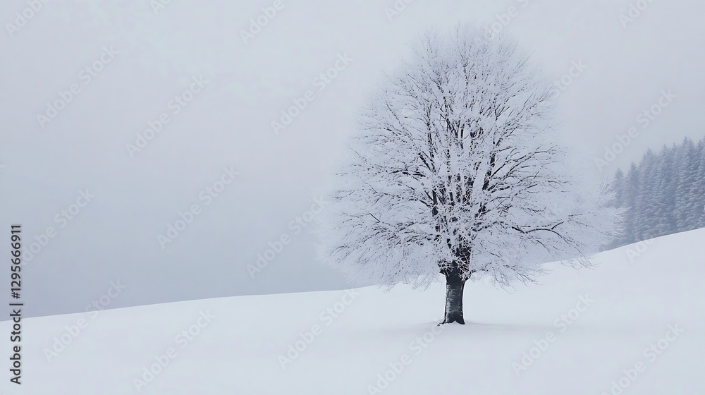 Aufkleber lonely snowcovered tree standing majestically in a winter wonderland with a foggy backdrop of nature