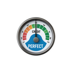Financial credit score gauge showing a perfect rating, excellent credit meter for banking, loans, and financial approval concepts