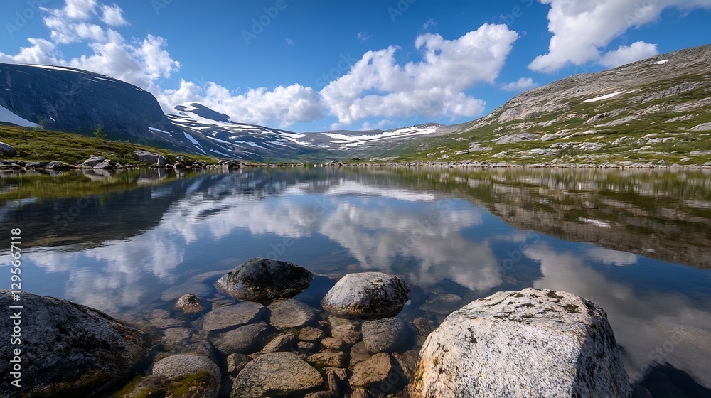 Poster stunning panoramic view of serene lake surrounded by majestic mountains and fluffy clouds reflecting
