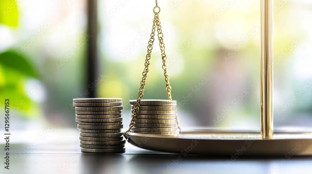 Aufkleber Balanced scale with stacks of coins representing finance and investment accountability : Generative AI