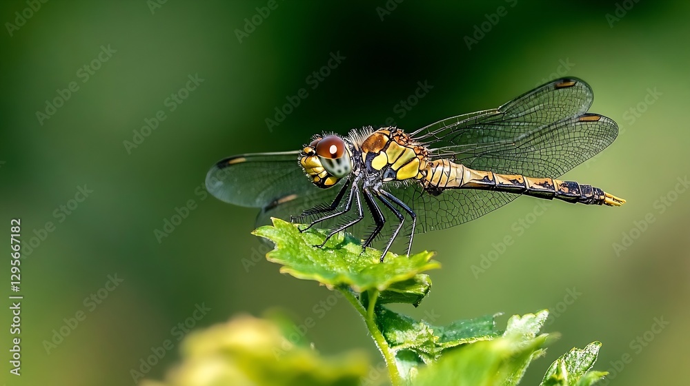 Poster Closeup of a colorful dragonfly perched on a green leaf with a blurred background of nature : Generative AI