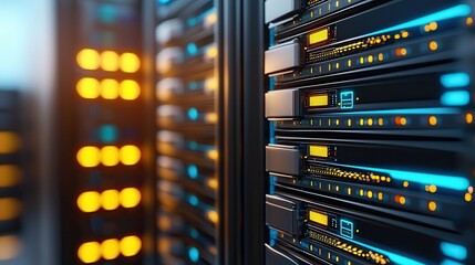 Naklejka premium Digital transformation efficiency through big data. Server room with illuminated racks and network devices.