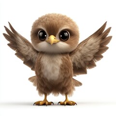 Obraz premium Adorable Brown Baby Bird with Outstretched Wings on White Background