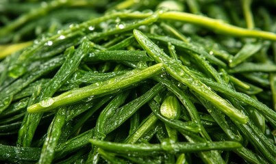 Fototapeta premium Beautiful natural details of dew drops or rain on fresh grass leaves are captured in a close-up macro shot, isolated on a transparent background