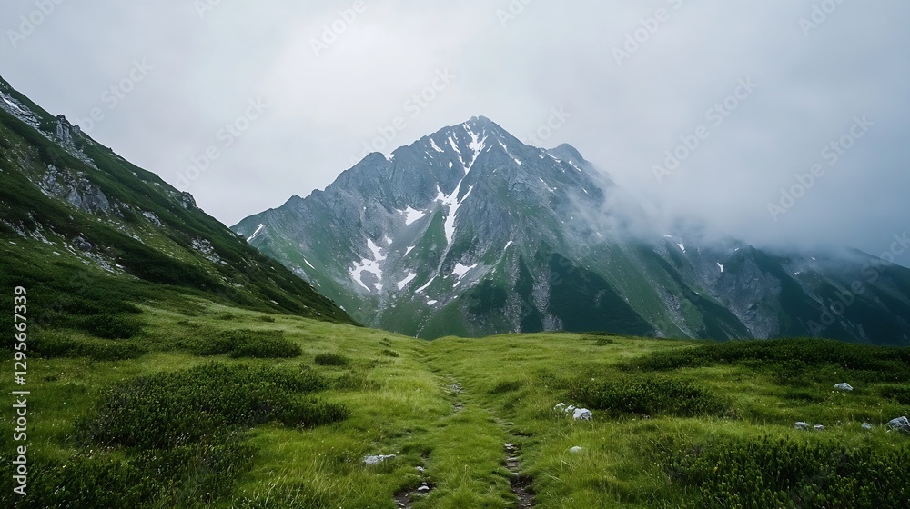 Poster majestic mountain range shrouded in mist with a lush green foreground : generative ai