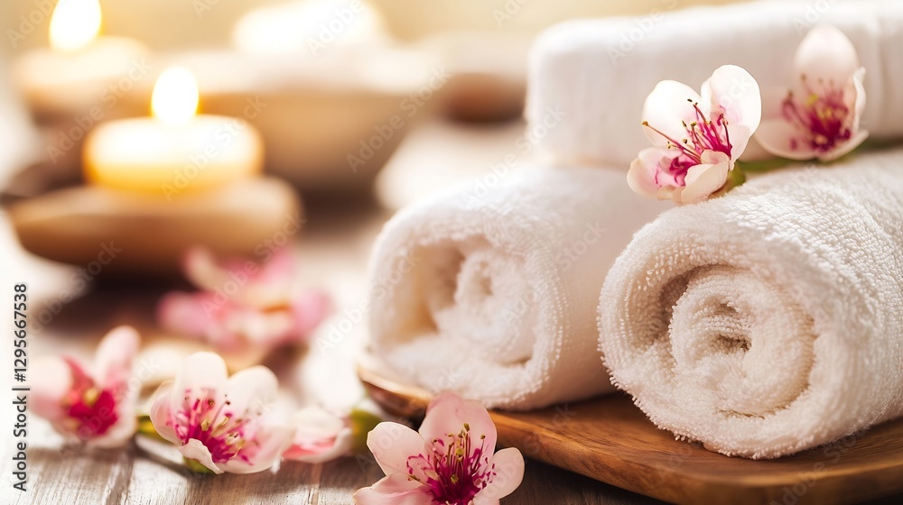 Poster serene spa setting with rolled towels flower petals and candles for relaxation and pampering : gener