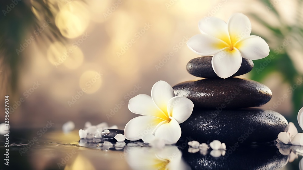 Poster elegant stacked stones with white flowers on a tranquil surface creating a peaceful atmosphere : gen