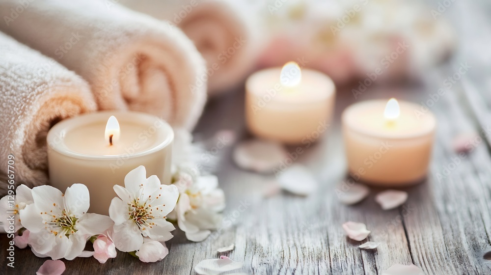 Aufkleber Relaxing Spa Scene with Soft Towels and Scented Candles Surrounded by Petals : Generative AI