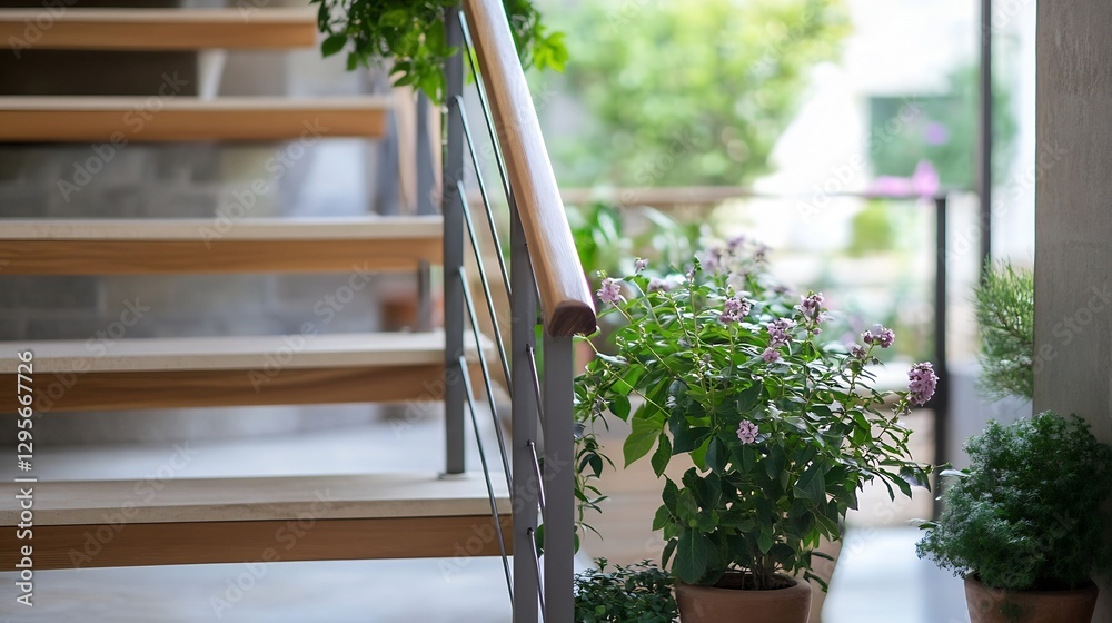 Poster inviting indoor staircase adorned with vibrant potted plants creating a serene atmosphere : generati