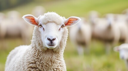 Fototapeta premium Adorable sheep with fluffy wool standing proudly in a green pasture with flock in the background : Generative AI
