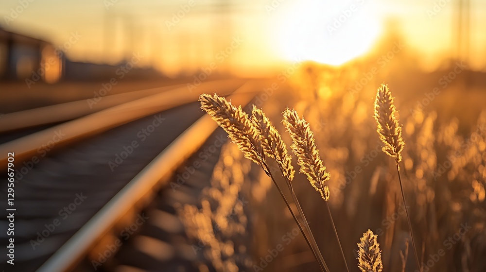 Aufkleber Golden Sunset Over Wheat Field Next to Train Rails with Blurred Background : Generative AI