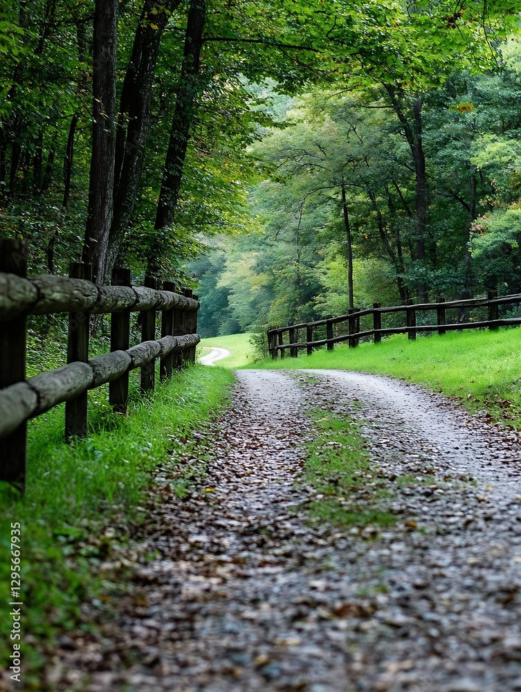 Poster serene winding path through green forest offering a peaceful escape into nature : generative ai